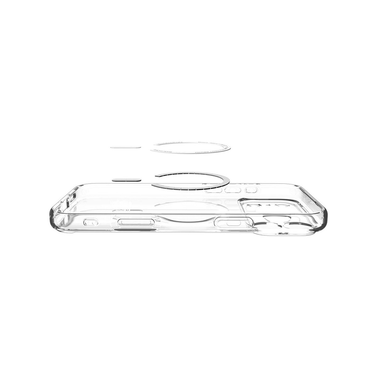 Custodia trasparente per telefono con design a ritaglio circolare per fotocamera, mostrata con componenti interni.