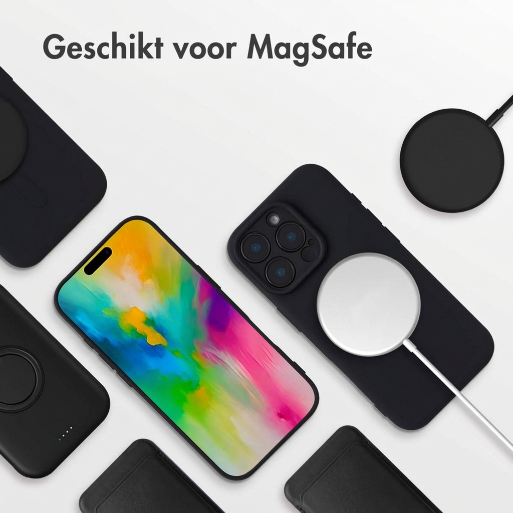 Un iPhone con schermo colorato, circondato da custodie e caricabatterie MagSafe neri.