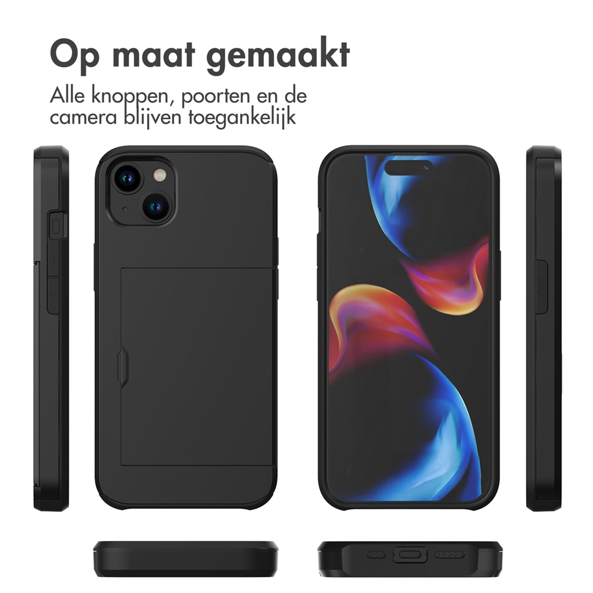 Custodia nera per telefono con blocco fotocamera e slot. Viste laterali.