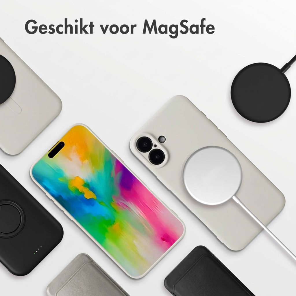 Diverse custodie per telefono e caricabatterie MagSafe su sfondo bianco.
