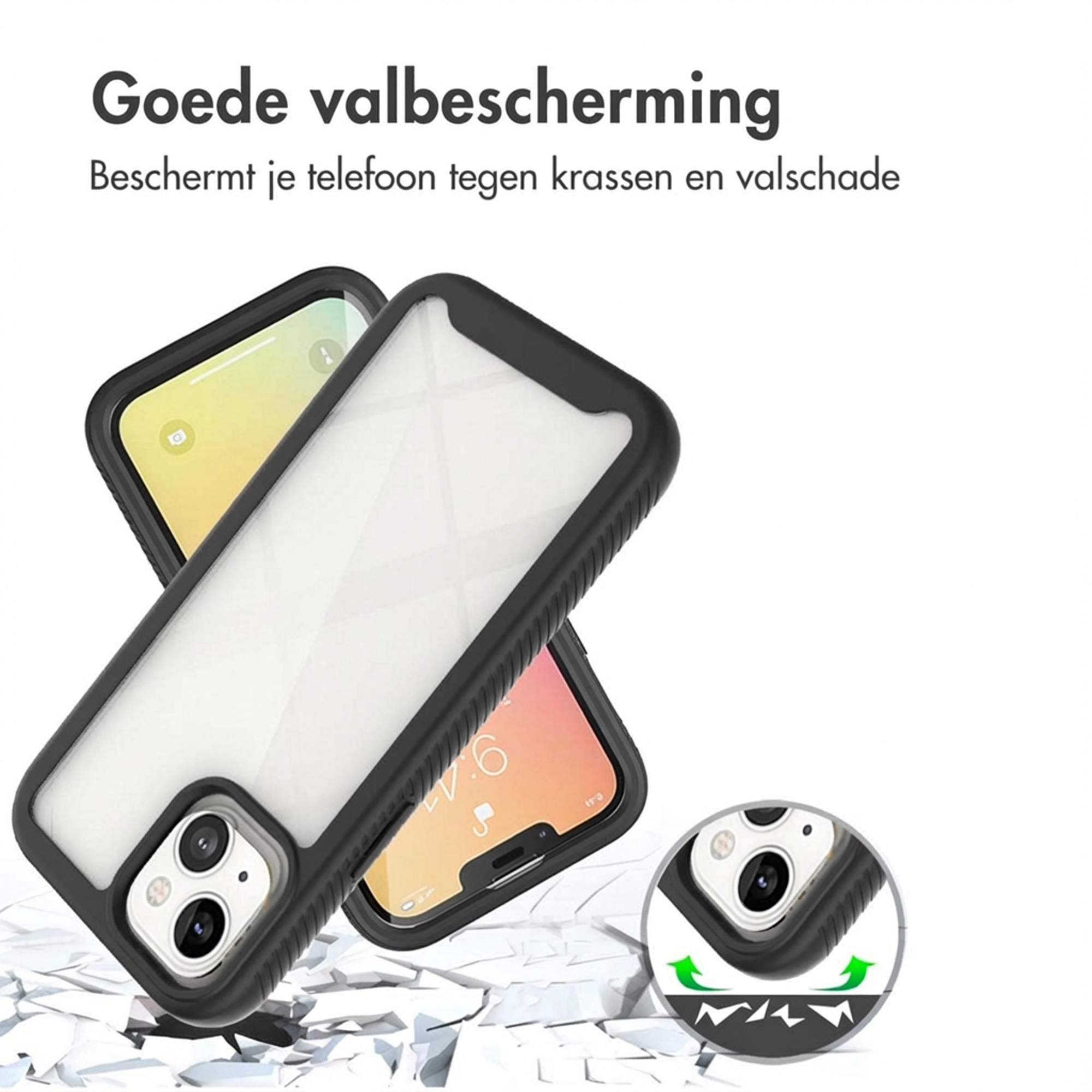 Coque de téléphone noire avec dos transparent, protégeant un motif brisé.