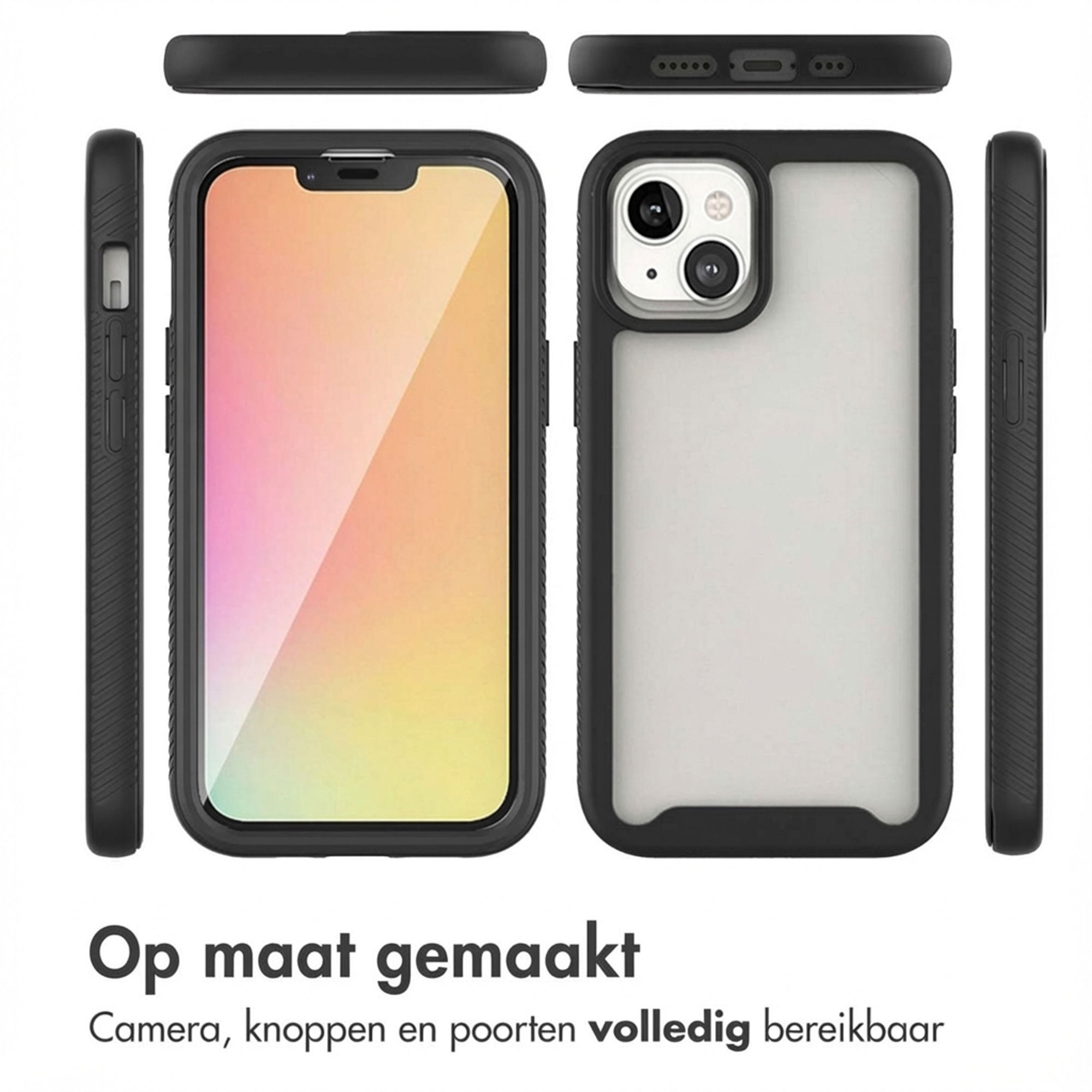 Coque de téléphone noire avec dos transparent, montrant les vues avant et arrière.