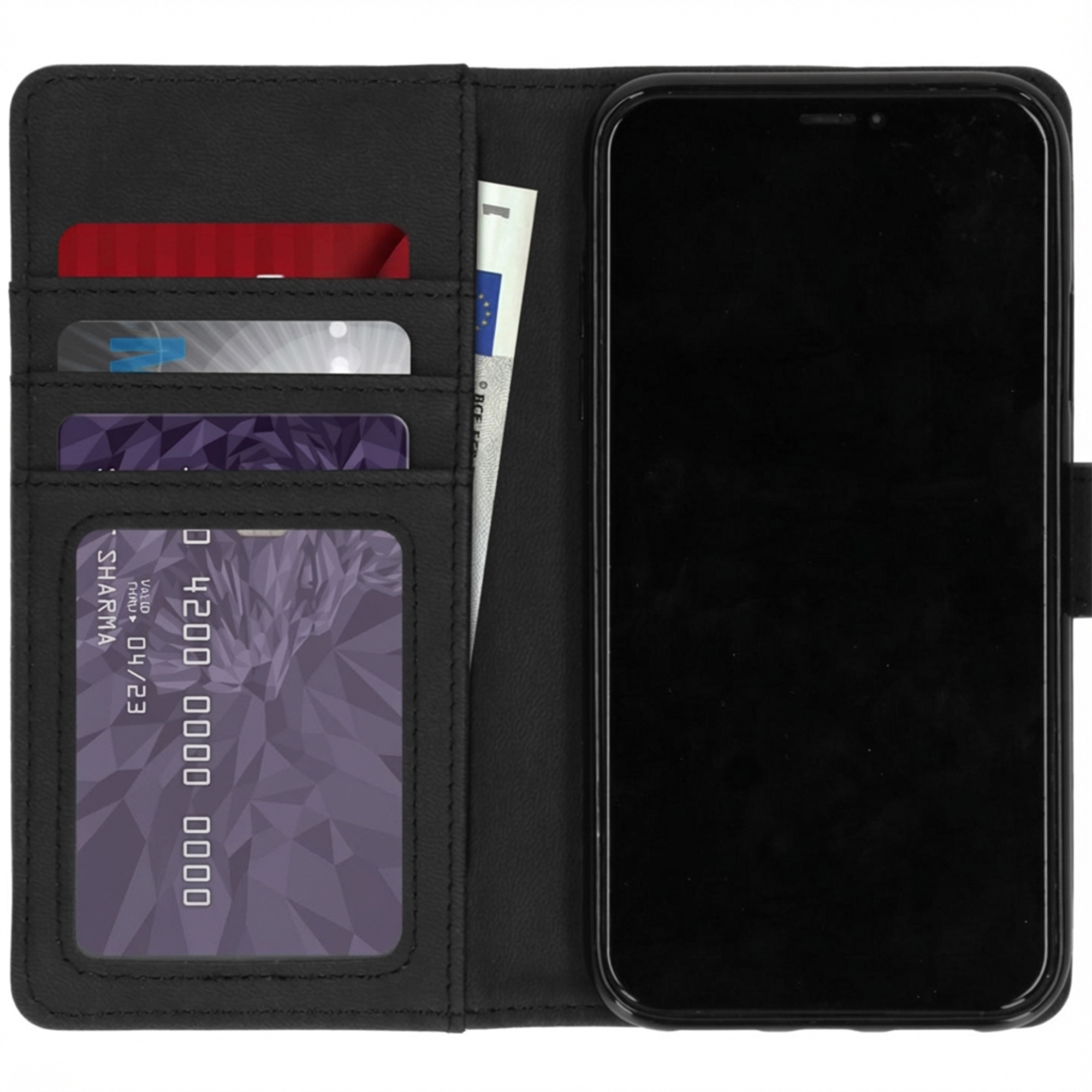 Custodia nera per telefono con slot per carte e telefono.