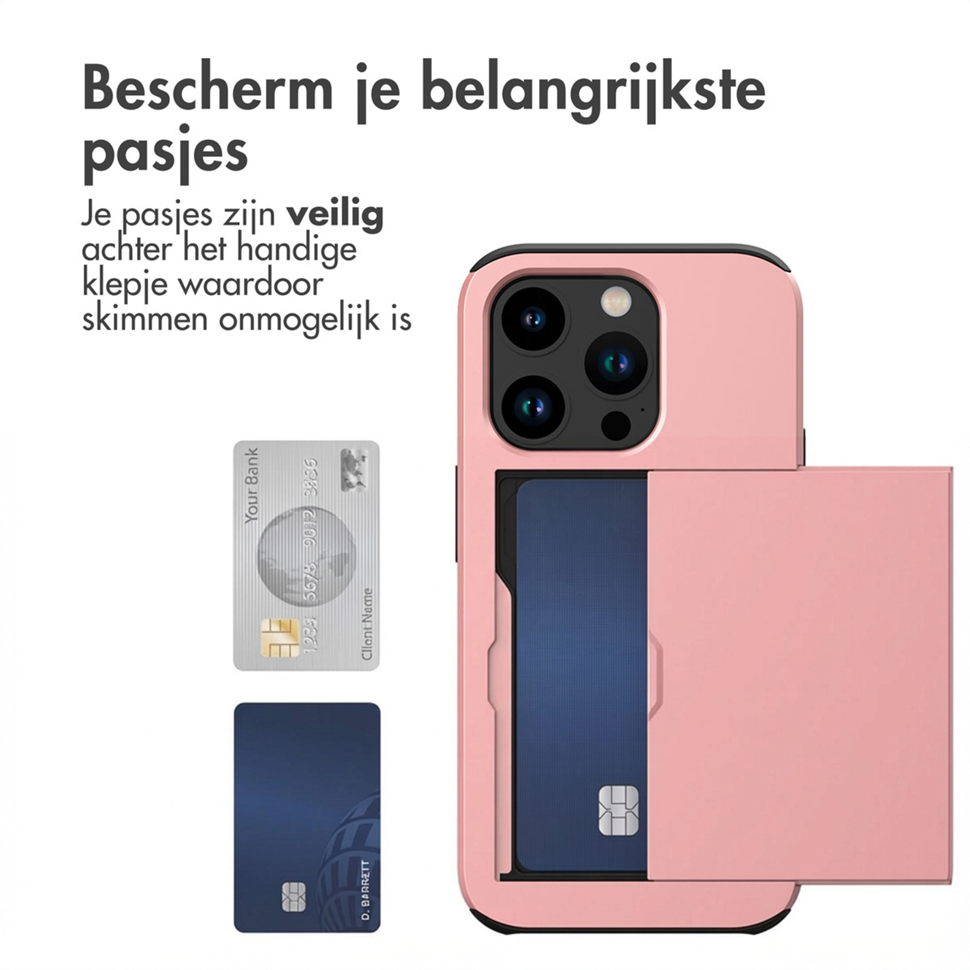 Una custodia rosa per telefono con slot per carte mostra due carte di credito.