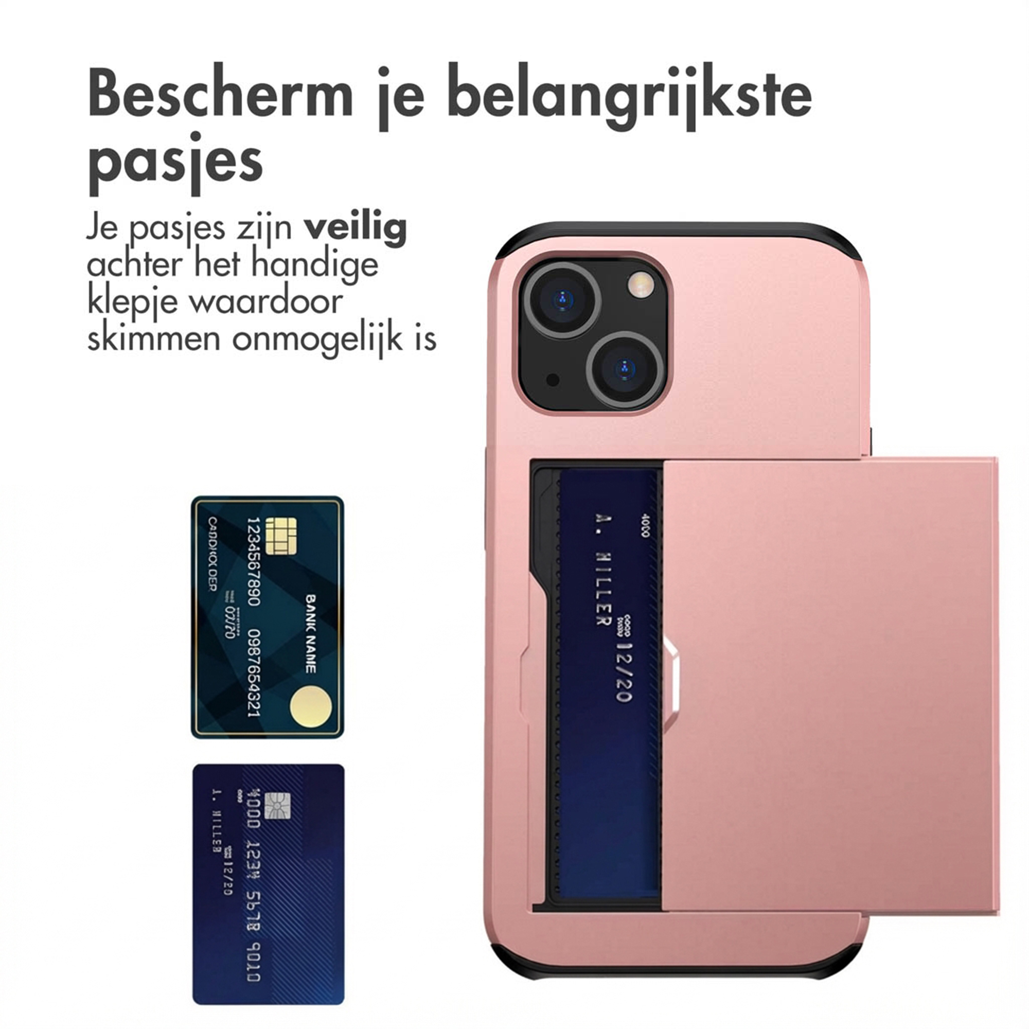 Una custodia per telefono rosa con slot per carte, accanto ci sono due carte di credito.