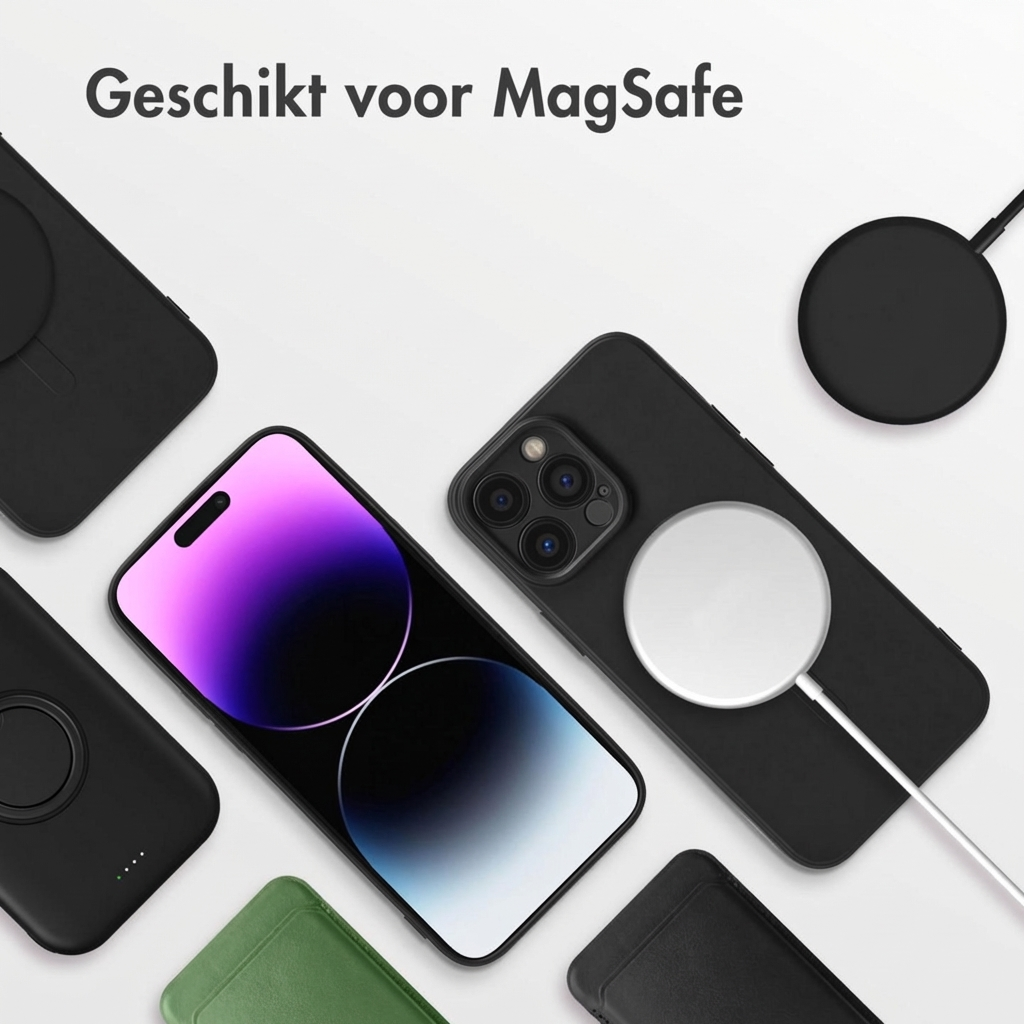 Vari iPhone neri e caricabatterie MagSafe disposti su sfondo bianco.