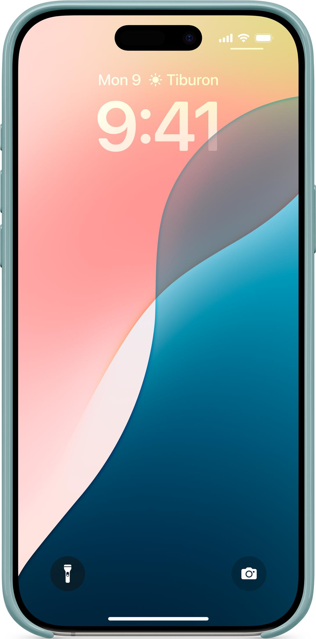 Un teléfono inteligente muestra las 9:41 con fondo azul y rosa.