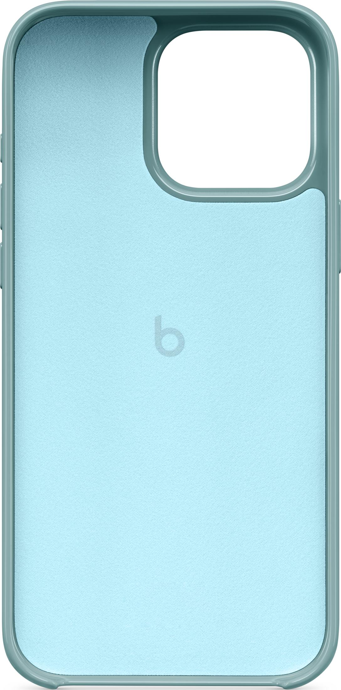 Funda de teléfono azul claro con un discreto logo "b" en el centro.