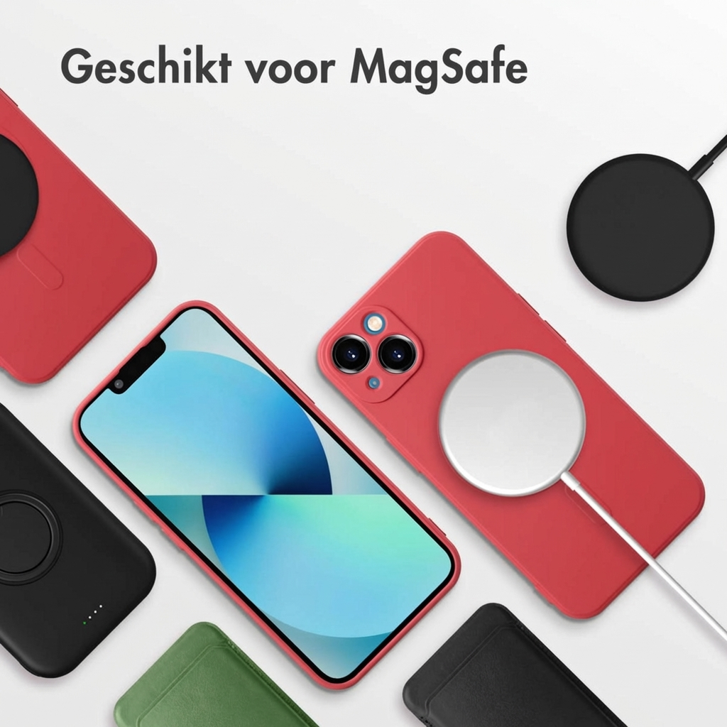 Coques de téléphone rouges et noires avec chargeur MagSafe et écran iPhone.