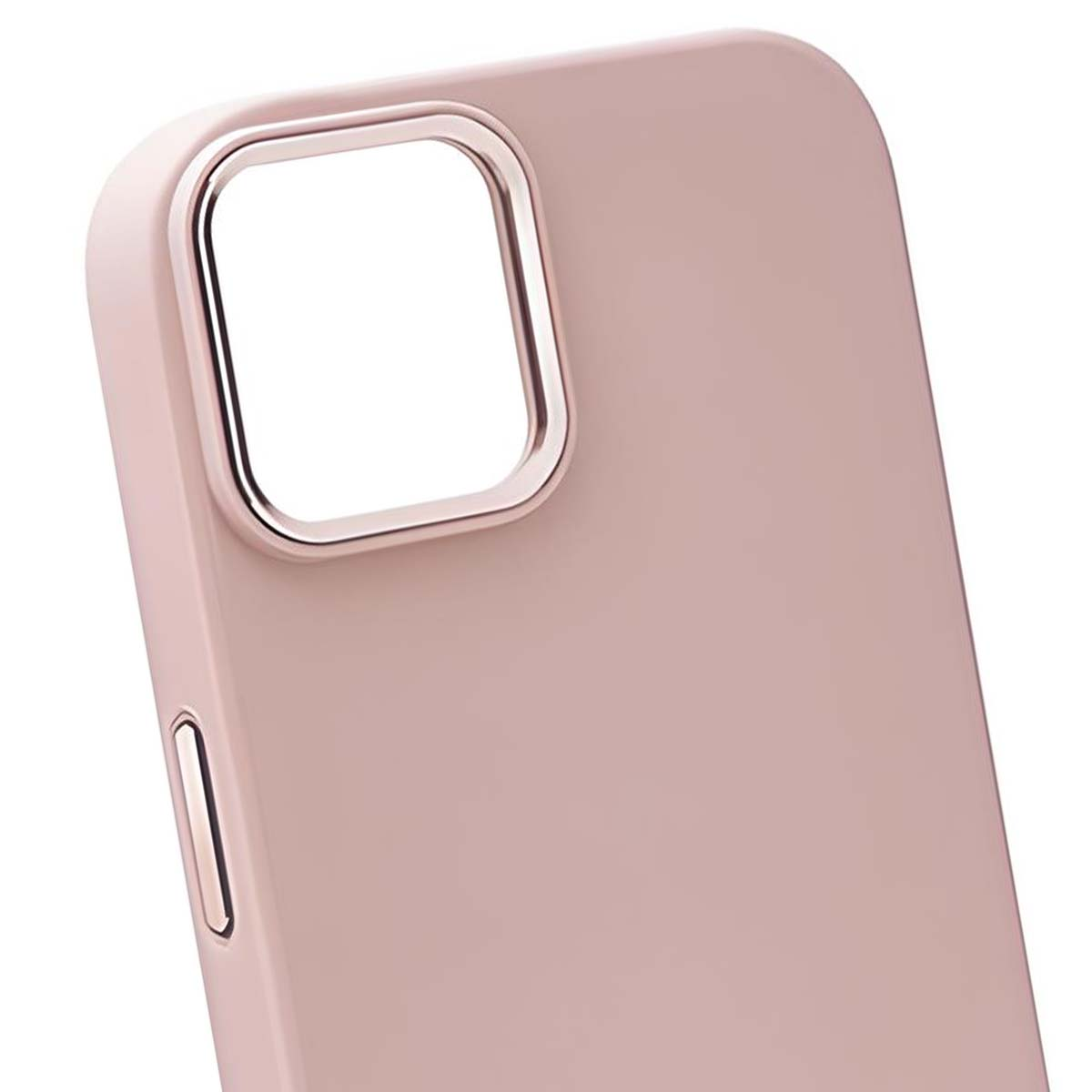 Una custodia per telefono rosa con una cornice della fotocamera argentata e un pulsante laterale.