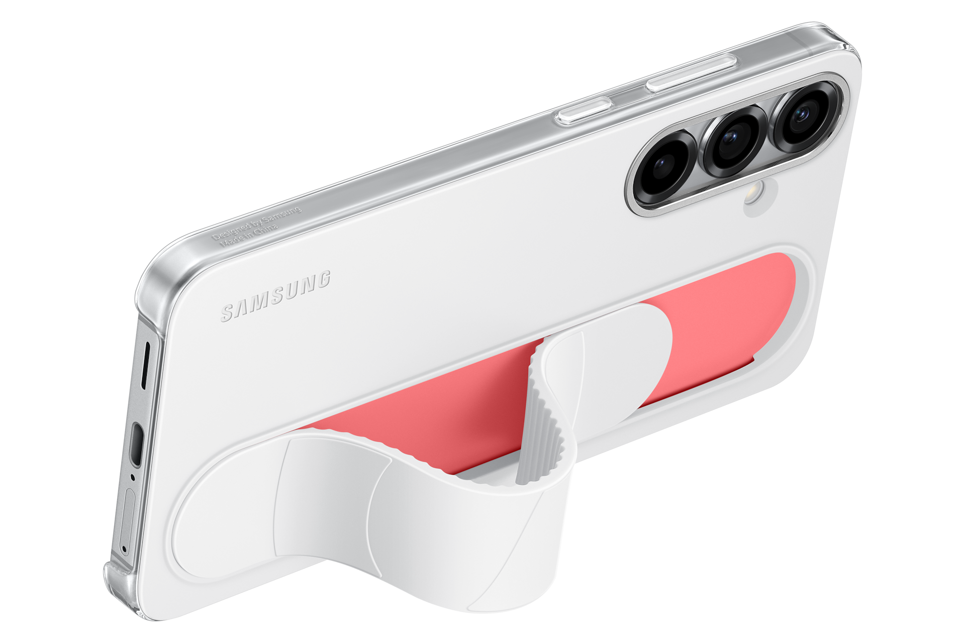 Un teléfono Samsung blanco con tres cámaras y un agarre de coral adjunto.