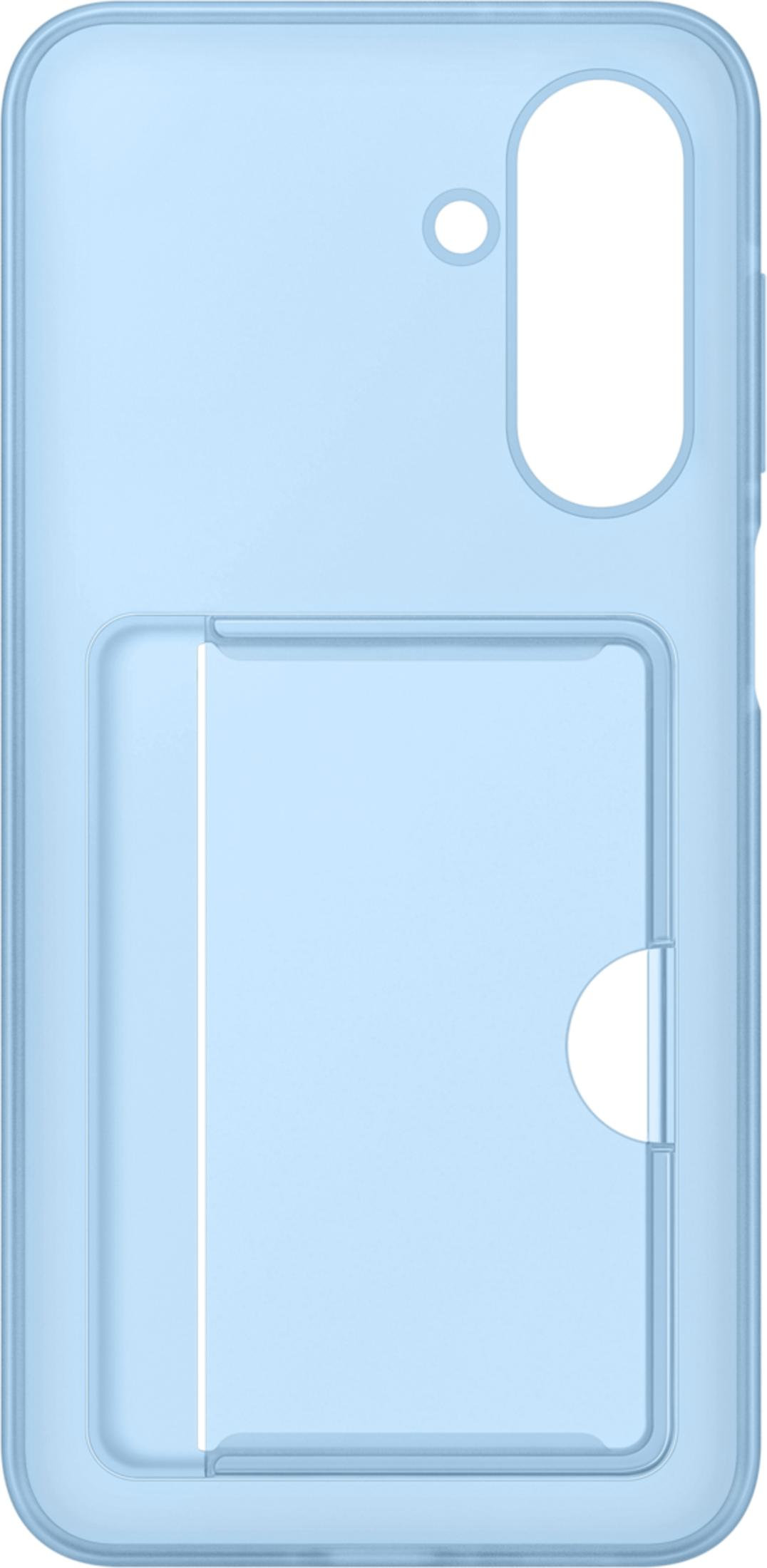 Una custodia per telefono azzurra traslucida con slot per carte e ritaglio fotocamera.
