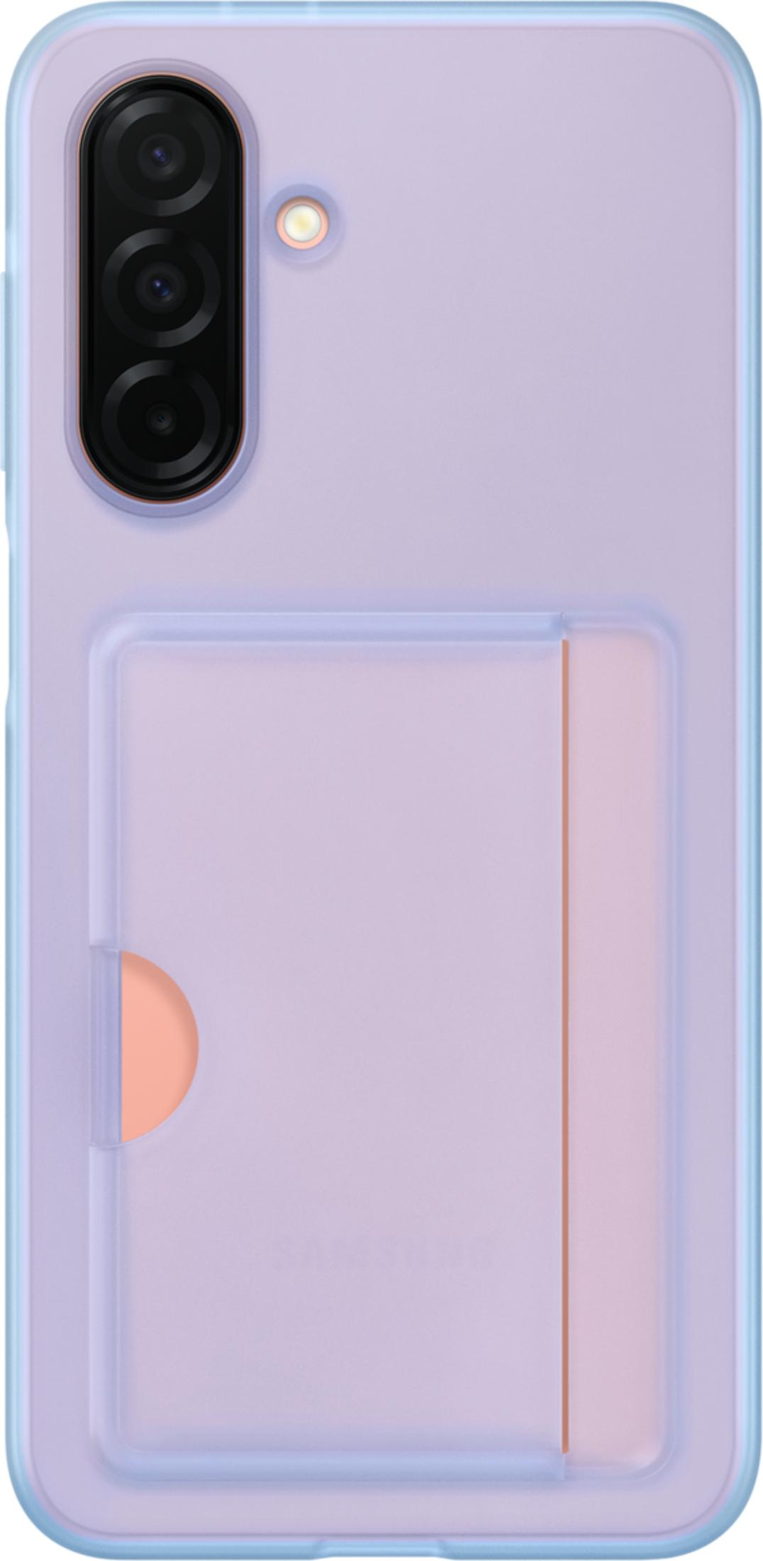 Custodia viola per telefono con tre fotocamere e uno slot per carte.