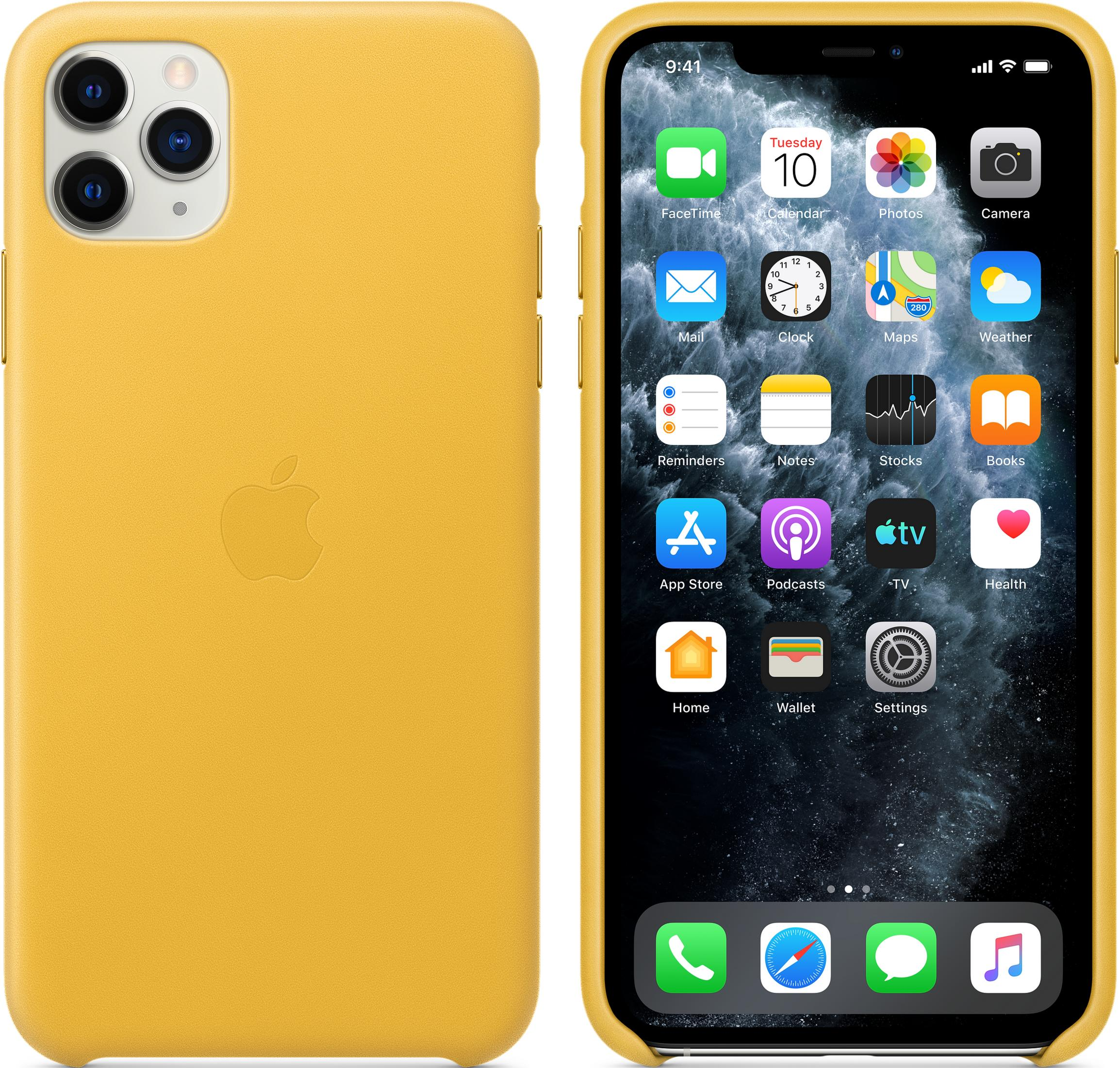 Una funda amarilla para iPhone y un iPhone con apps. La funda tiene tres cámaras.