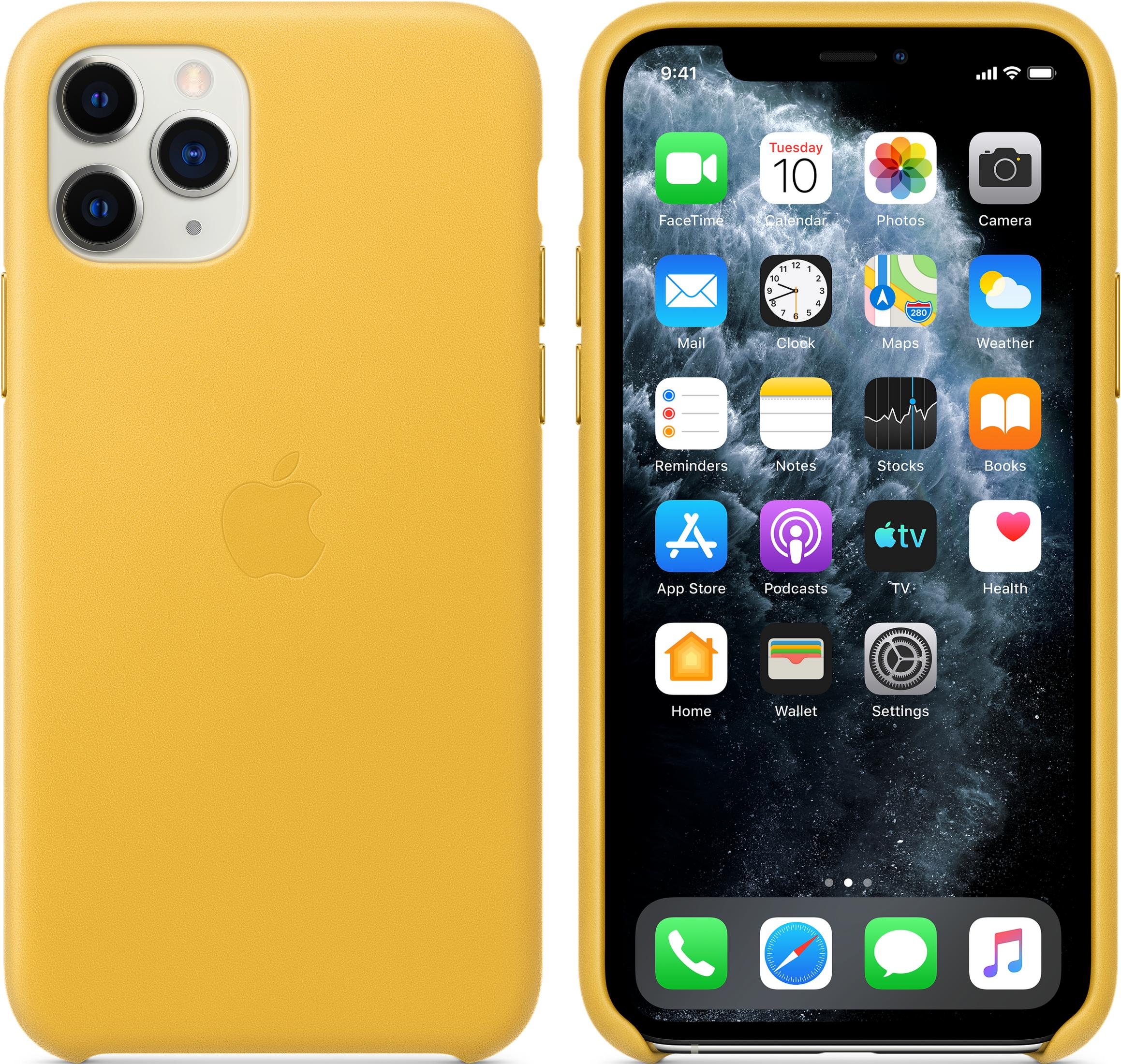 A yellow iPhone case lies next to an iPhone displaying apps on screen.
