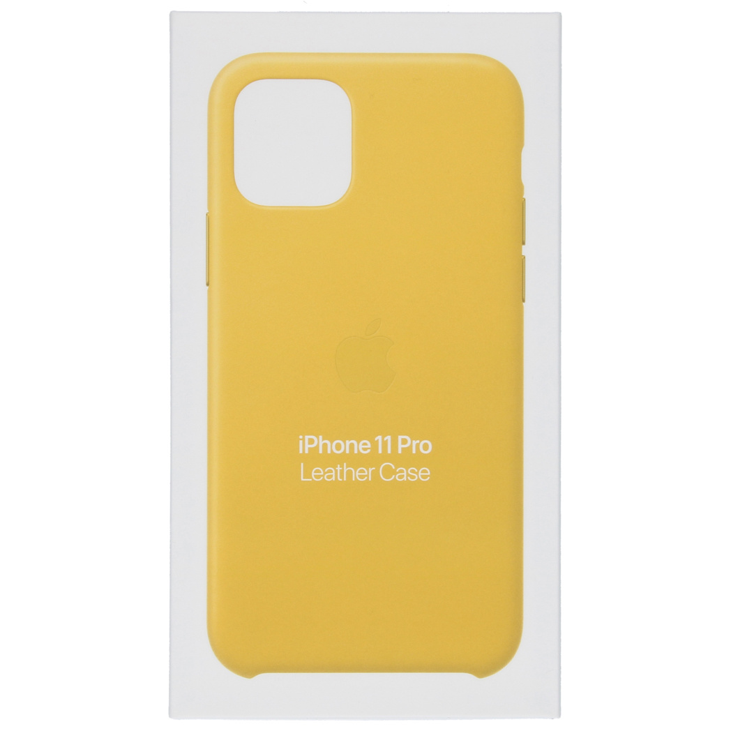 Yellow iPhone 11 Pro leather case with Apple logo, packaged.