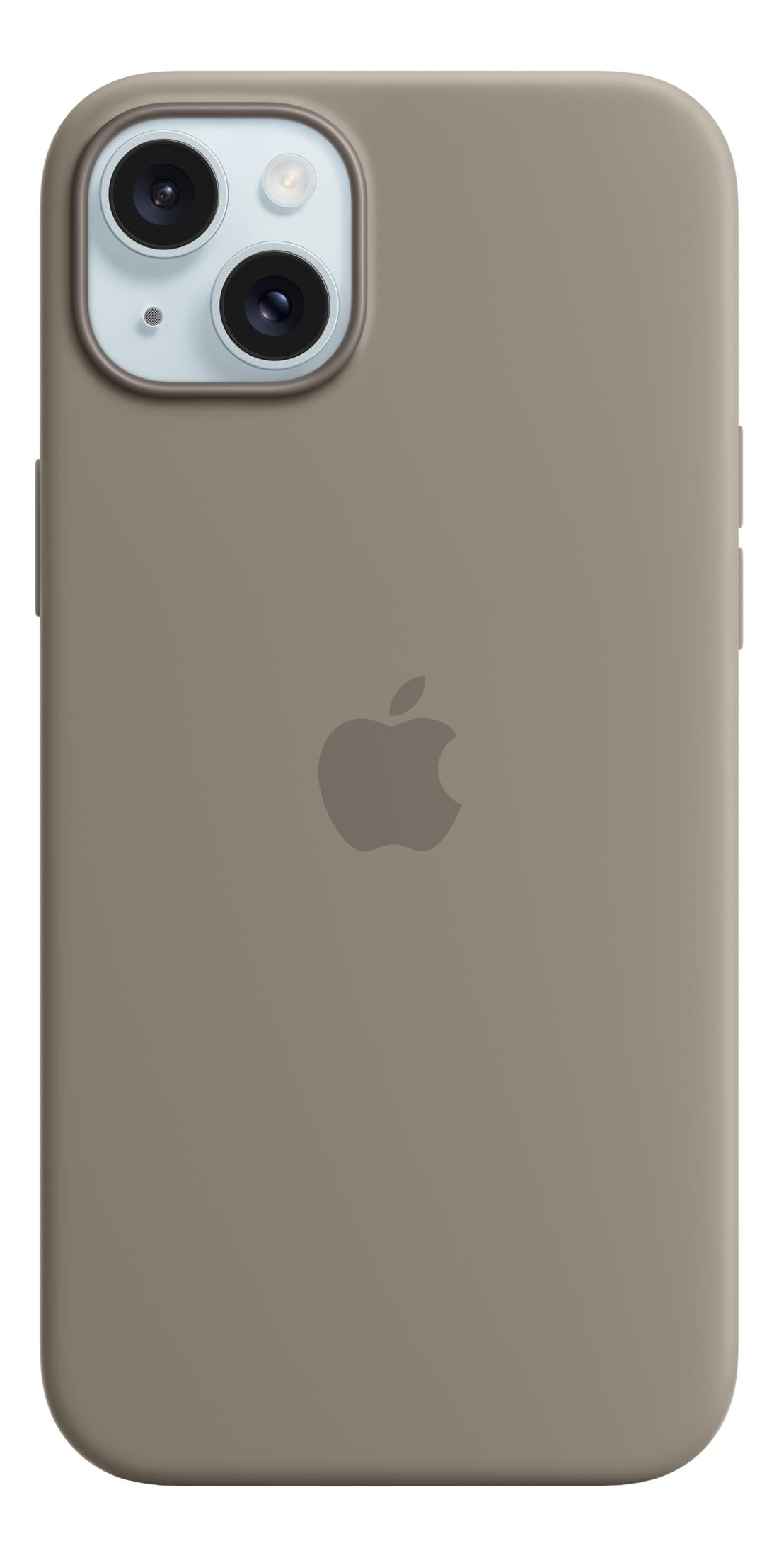 Funda marrón con logo de Apple y cámara dual.