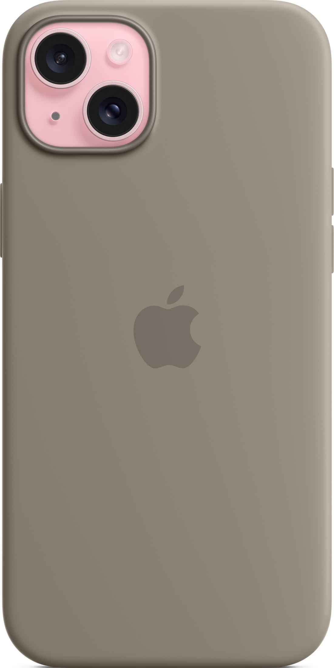 Parte trasera de una funda iPhone color topo con logo de Apple y cámara.