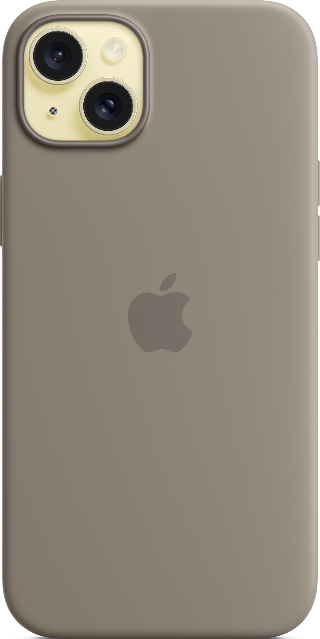 Parte trasera de un iPhone Apple color topo con doble cámara y logo.