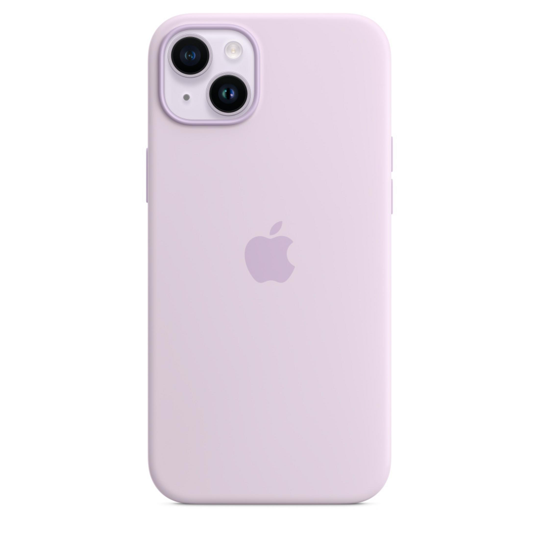 Jasnofioletowe etui na iPhone z dwoma obiektywami i logo Apple.