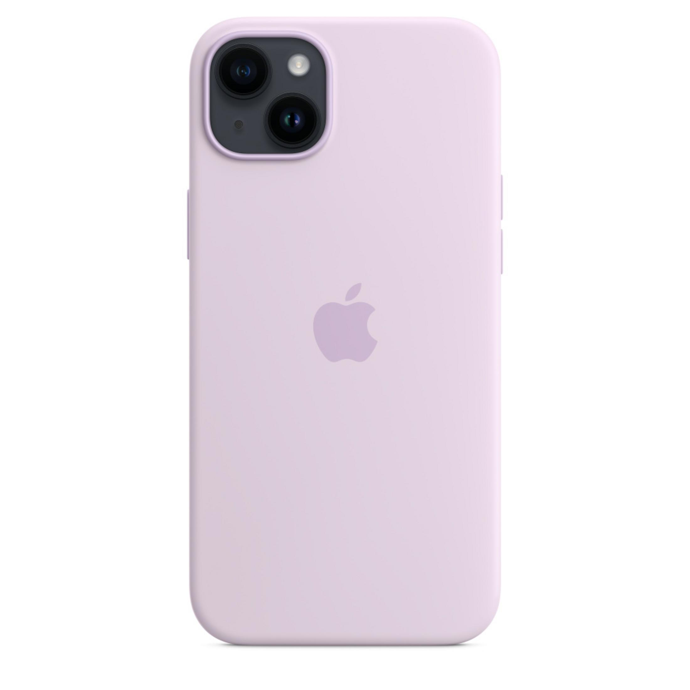 Jasnofioletowy iPhone 14 z podwójnym aparatem i logo Apple z tyłu.