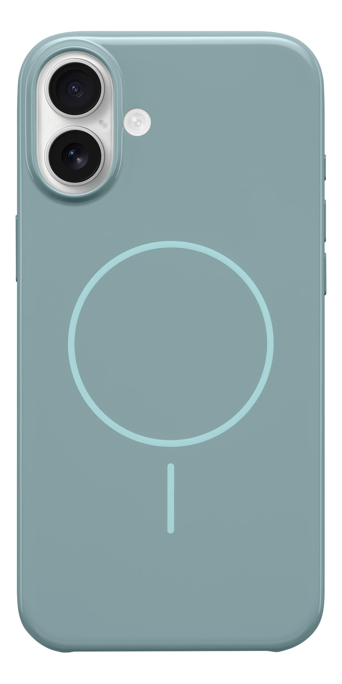 Una funda de teléfono verde azulado con dos cámaras y un patrón de círculo y línea.