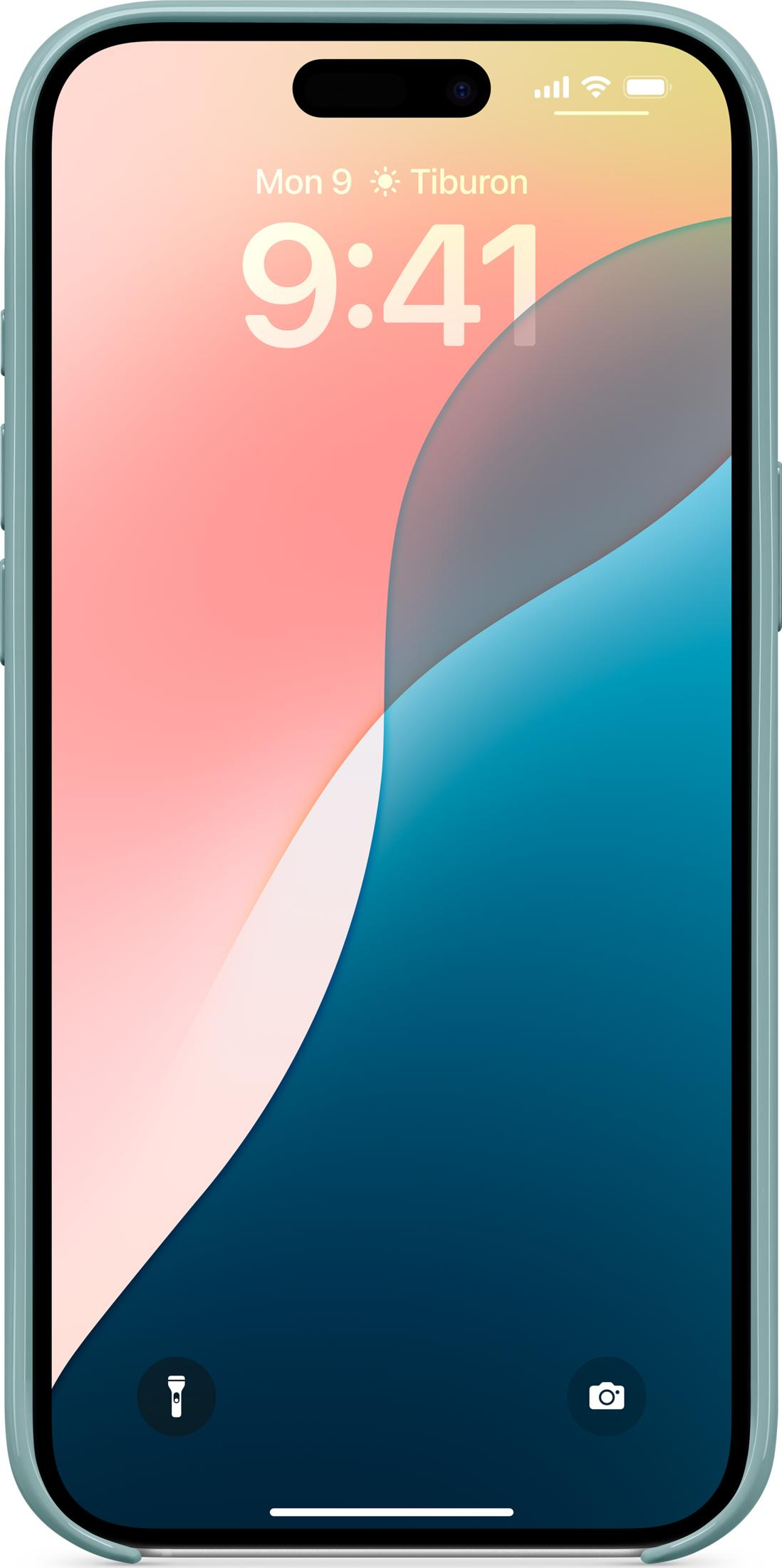 Una pantalla de bloqueo de iPhone que muestra las 9:41 AM con un fondo abstracto.