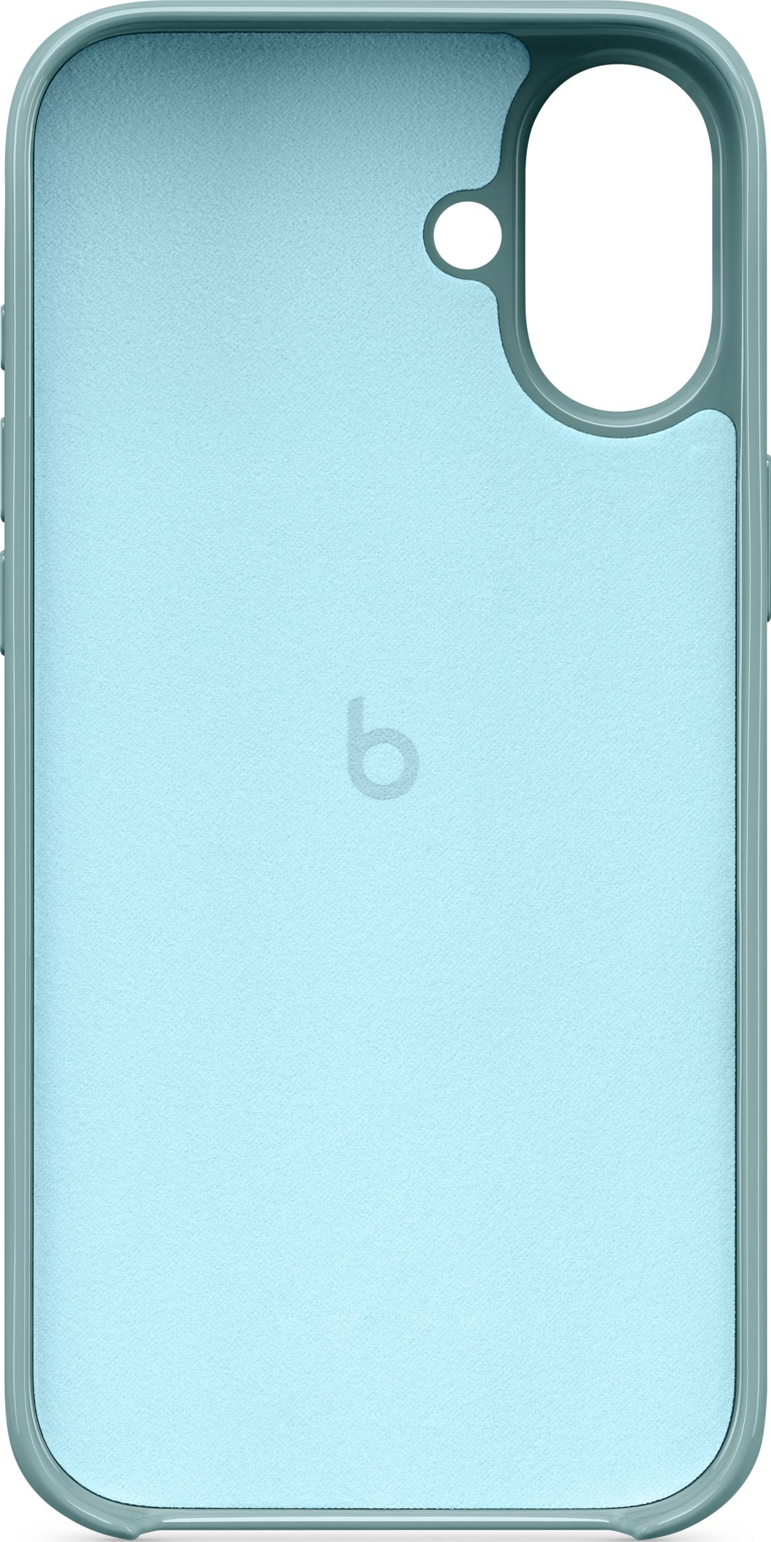 Funda de teléfono azul claro con logo 'b' y recorte para cámara.