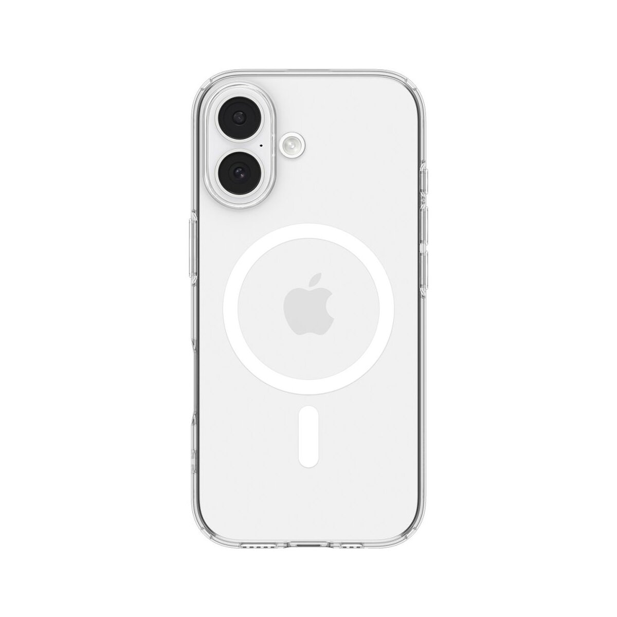 Custodia trasparente per iPhone con doppio obiettivo e logo Apple.