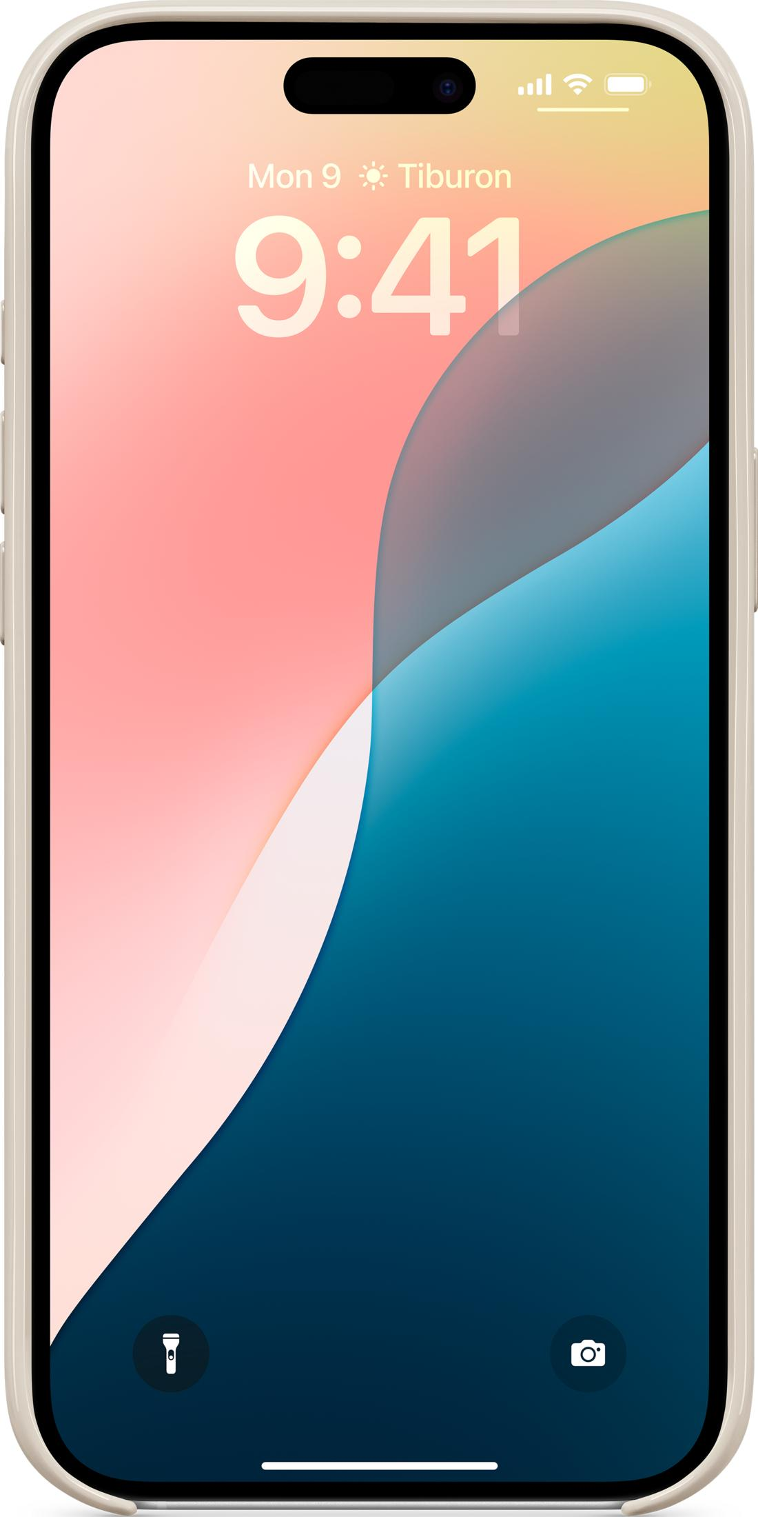 Una pantalla de bloqueo de iPhone muestra las 9:41 AM con un fondo estilizado.