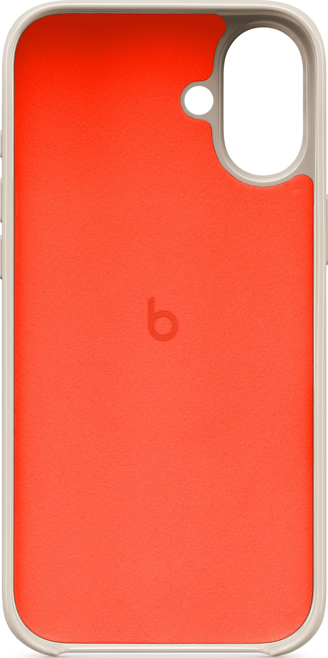 Una funda de teléfono naranja con borde beige claro y logo "b".