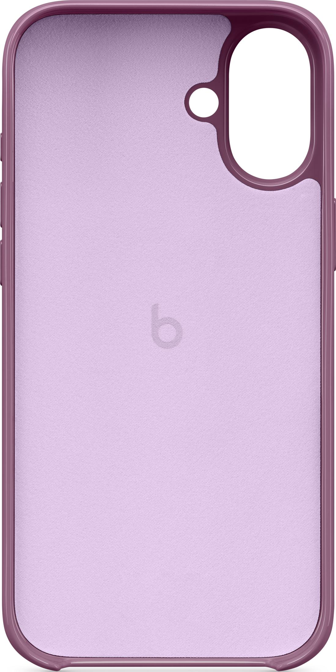 Funda morada para teléfono con recorte de cámara y logo.