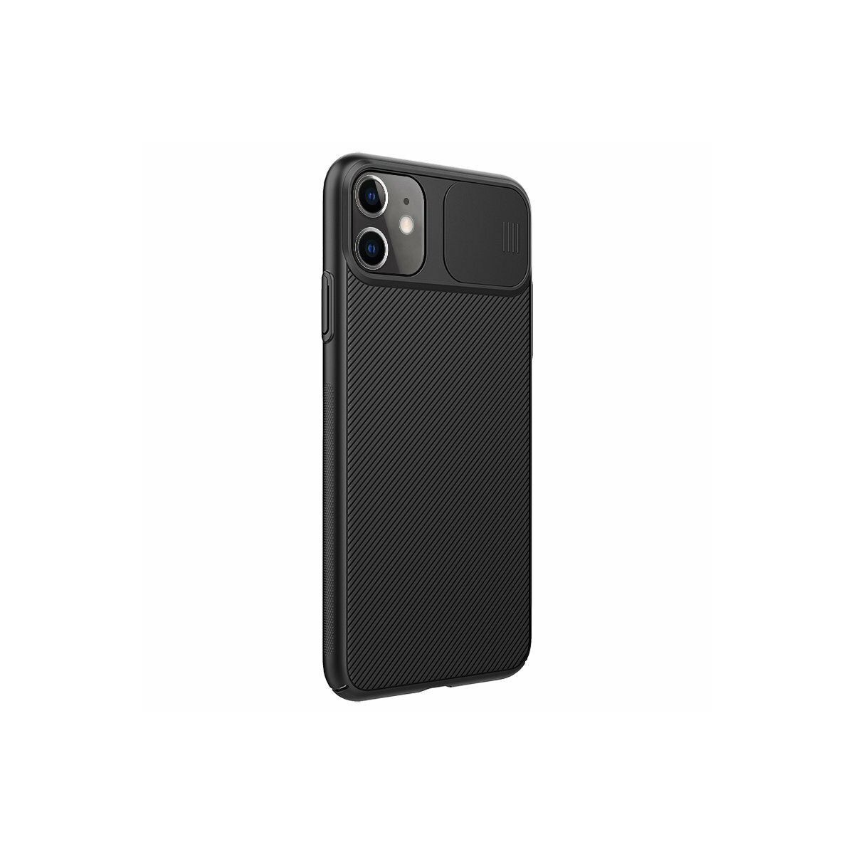 Custodia nera per telefono con texture a coste e copriobiettivo scorrevole.