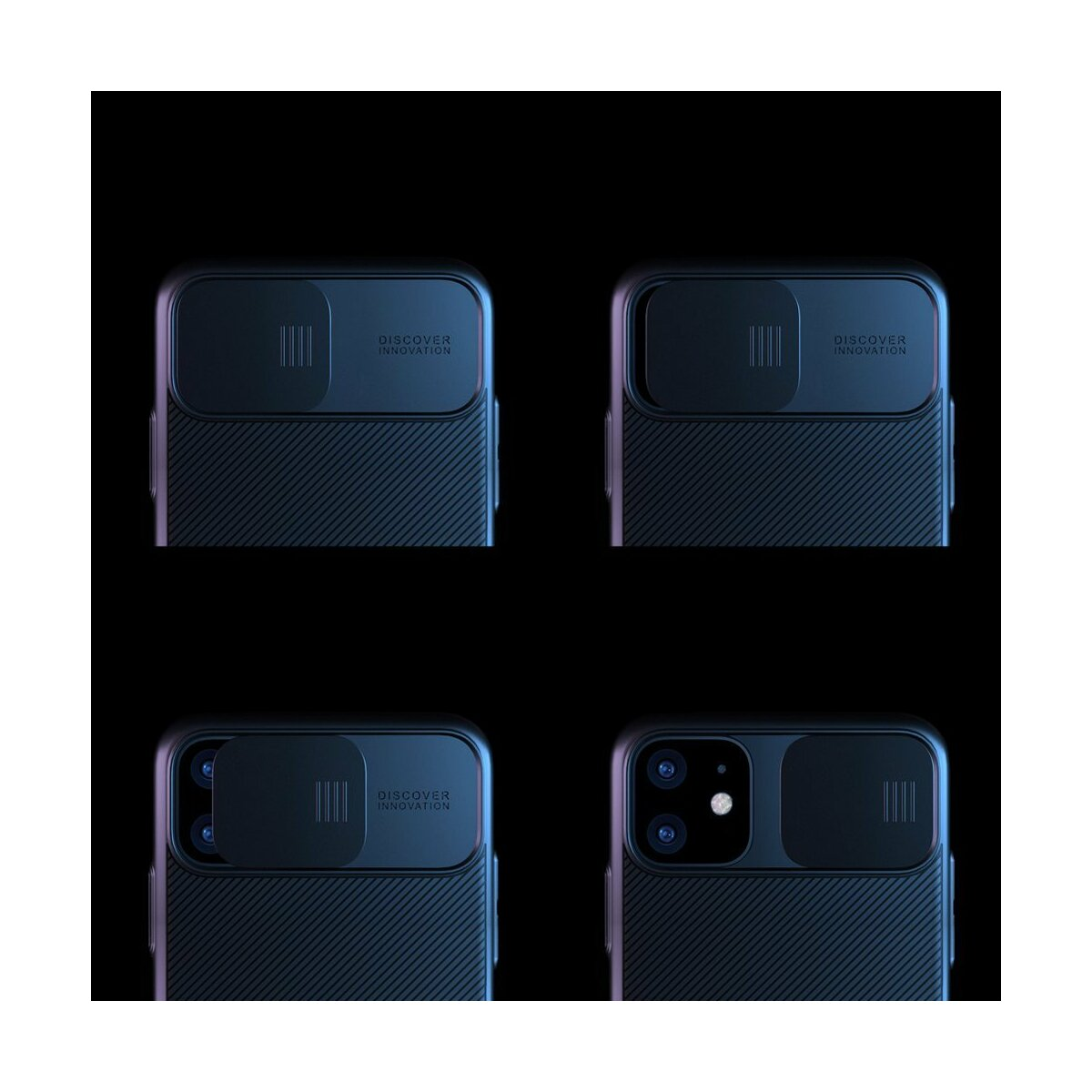 Quattro custodie per telefono blu scuro con retro testurizzato e copri fotocamera.