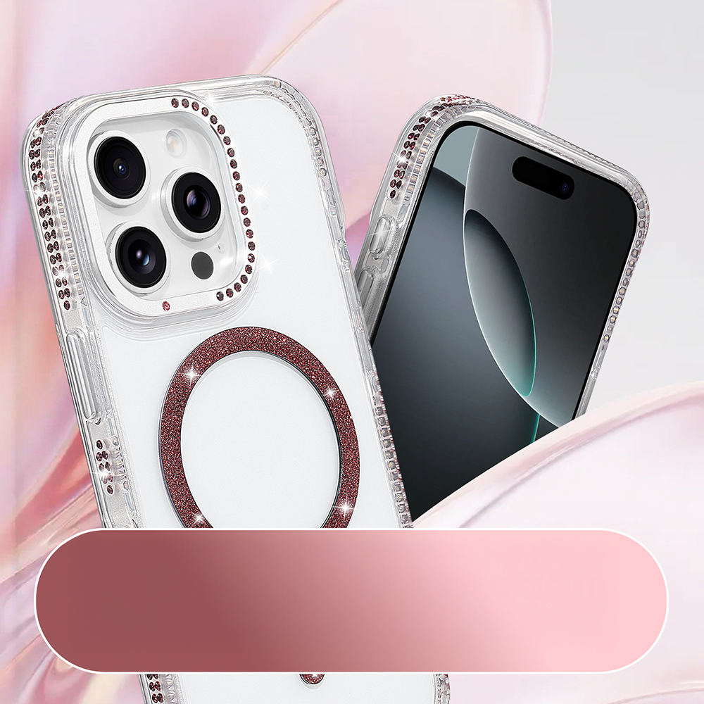 Taşlarla ve simli halkayla süslenmiş iki şeffaf iPhone kılıfı sergileniyor.