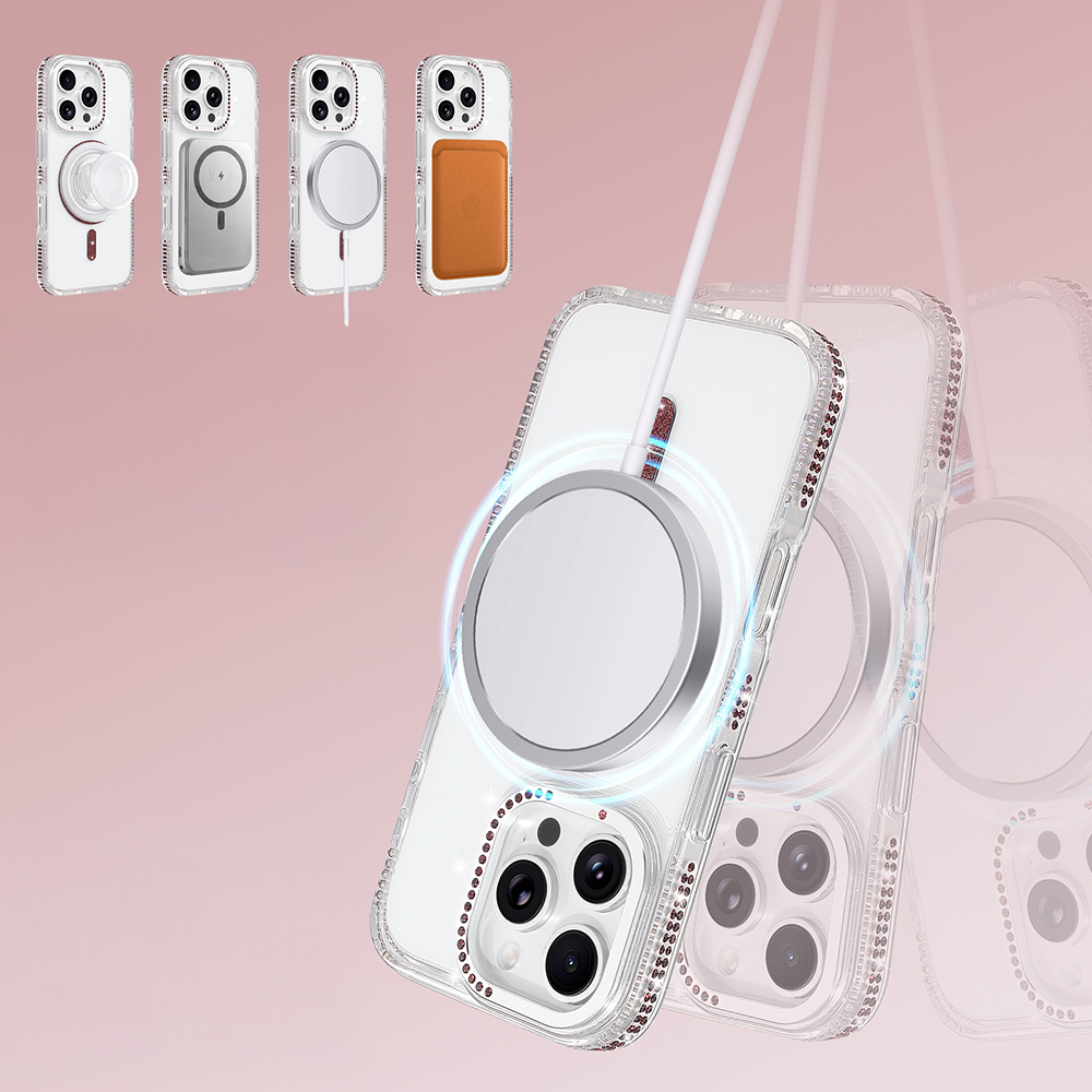 MagSafe aksesuarlı iPhone kılıfları: şarj cihazı, kartlık, tutucu.