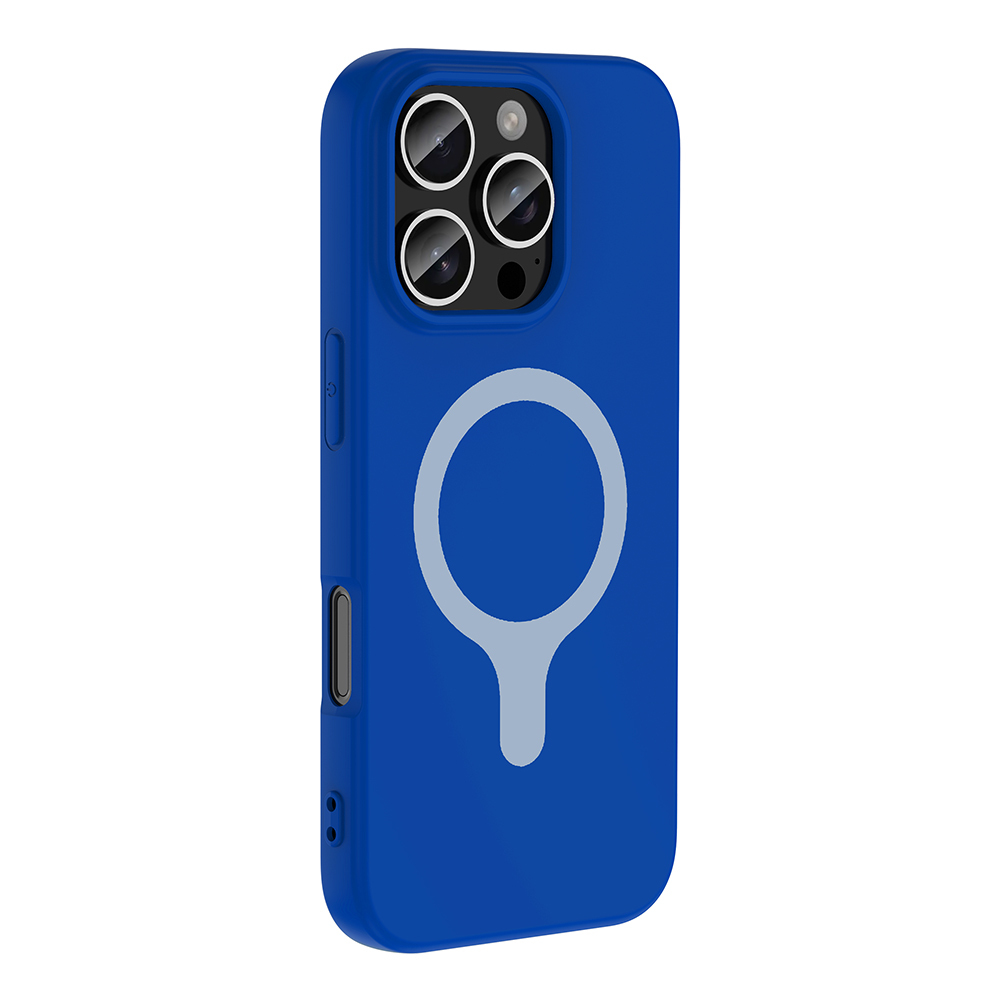 Üç kamera lensi ve beyaz daireli mavi telefon kılıfı.