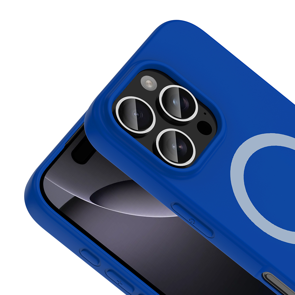 Kamera oyuntulu ve halkalı mavi telefon kılıfı.