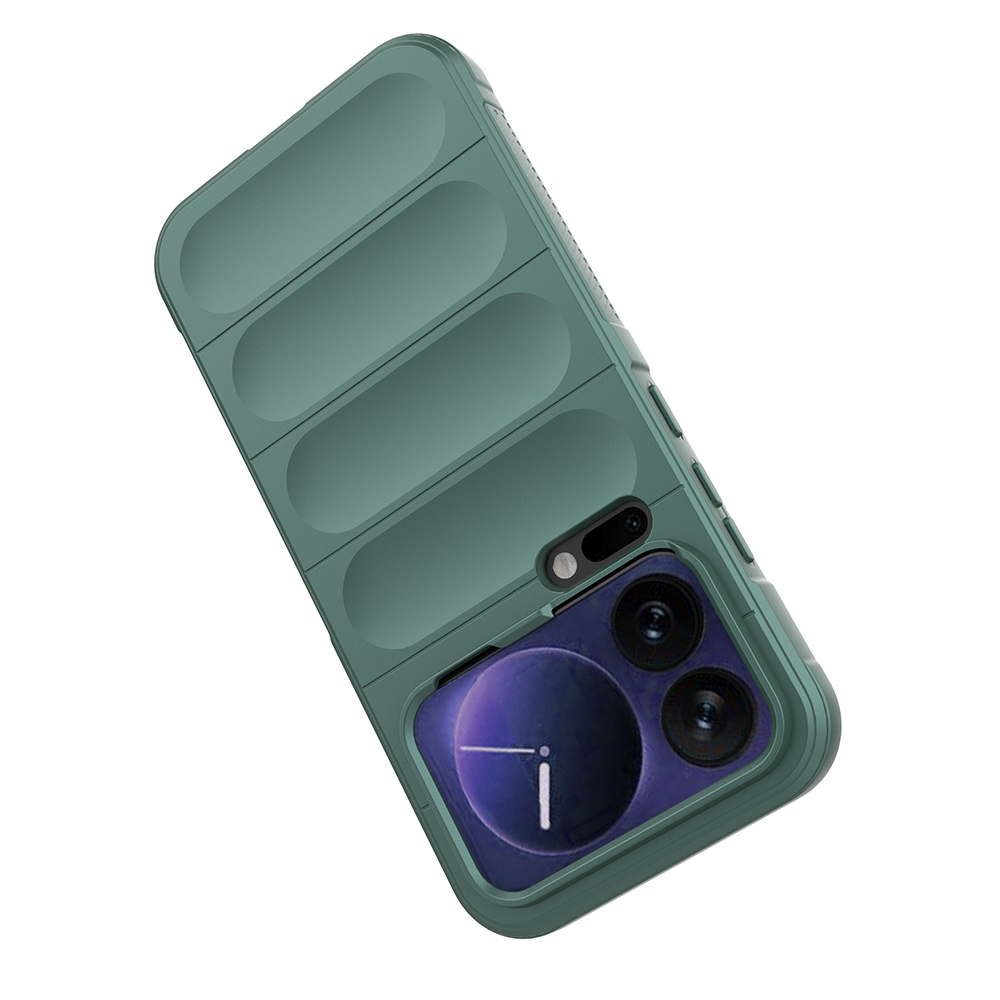 Kanallı, kamera açıklıklı yeşil telefon kılıfı.
