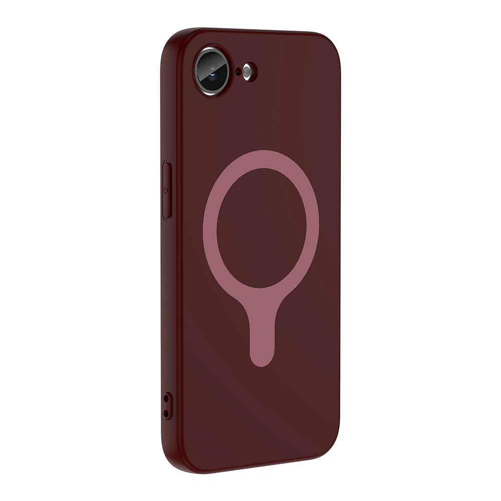 Kamera kesikleri ve dairesel deseni olan koyu kırmızı telefon kılıfı.