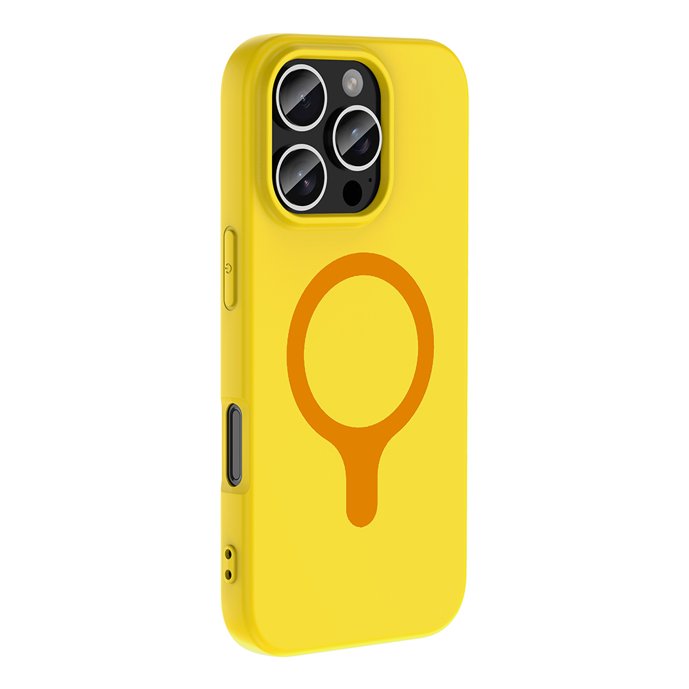 Kamera kesimli sarı telefon kılıfı ve turuncu daire/sap tasarımı.