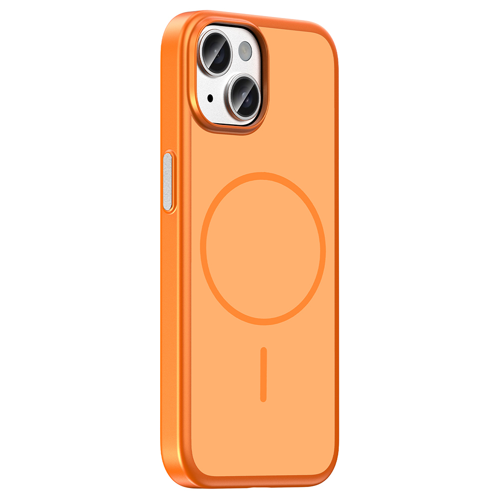 Kamera kesimli ve manyetik halkalı turuncu telefon kılıfı.