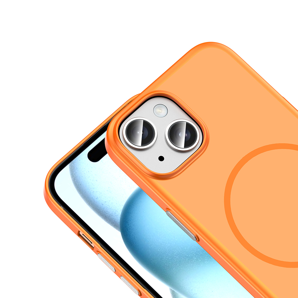Beyaz arka plan üzerinde iki kamera lensi ve dairesel halkası olan turuncu telefon kılıfı.