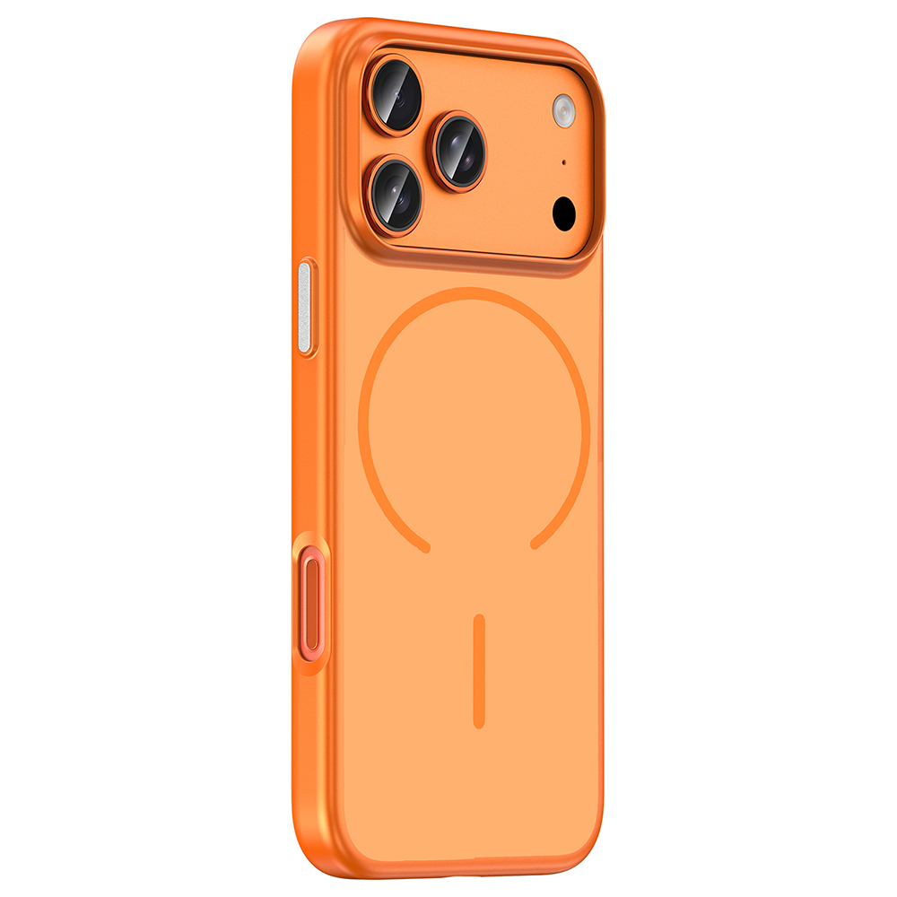 Üç kamera lensli ve manyetik halkalı turuncu telefon kılıfı.