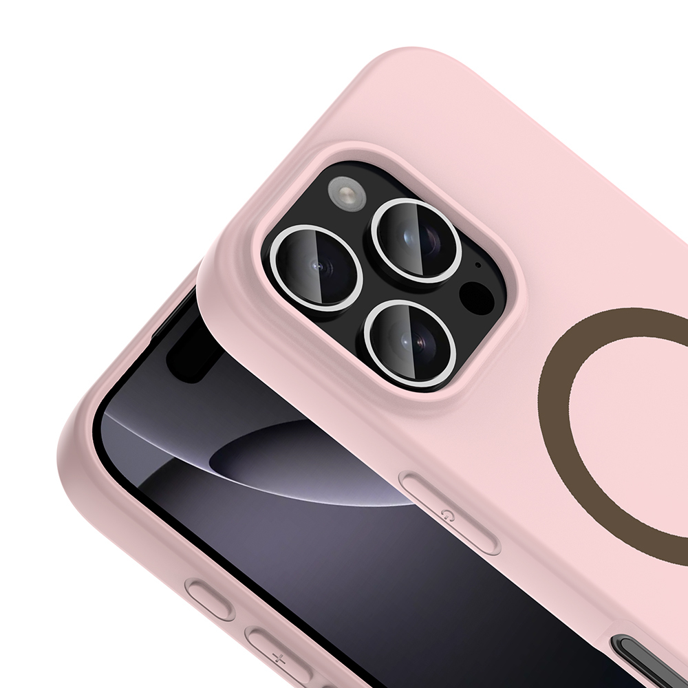 Üç kamera lensi ve kahverengi bir daire gösteren pembe telefon kılıfı.