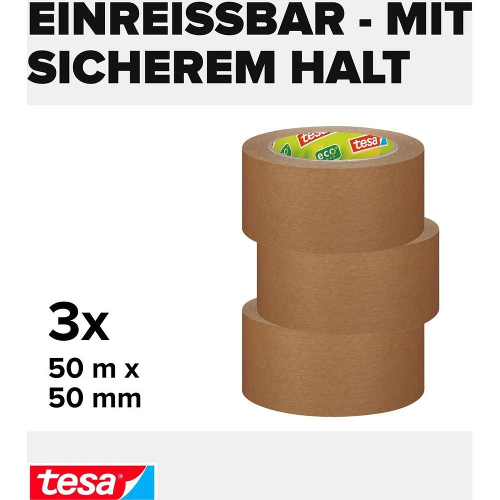Drei Rollen braunes Klebeband, 50m x 50mm, auf weißem Grund.
