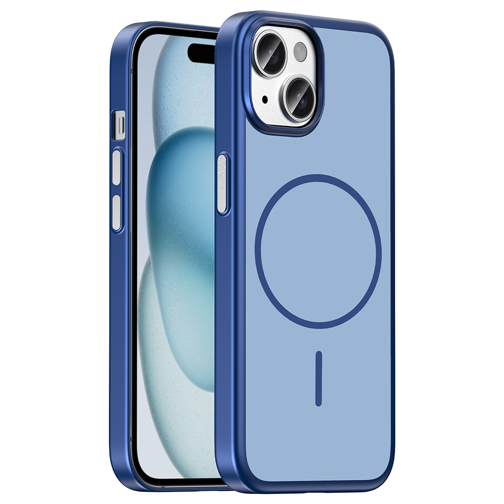 Mıknatıslı halkalı mavi iPhone kılıfı beyaz arka planda.