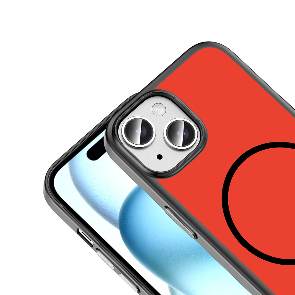 İki kameralı akıllı telefonda siyah daireli kırmızı telefon kılıfı.