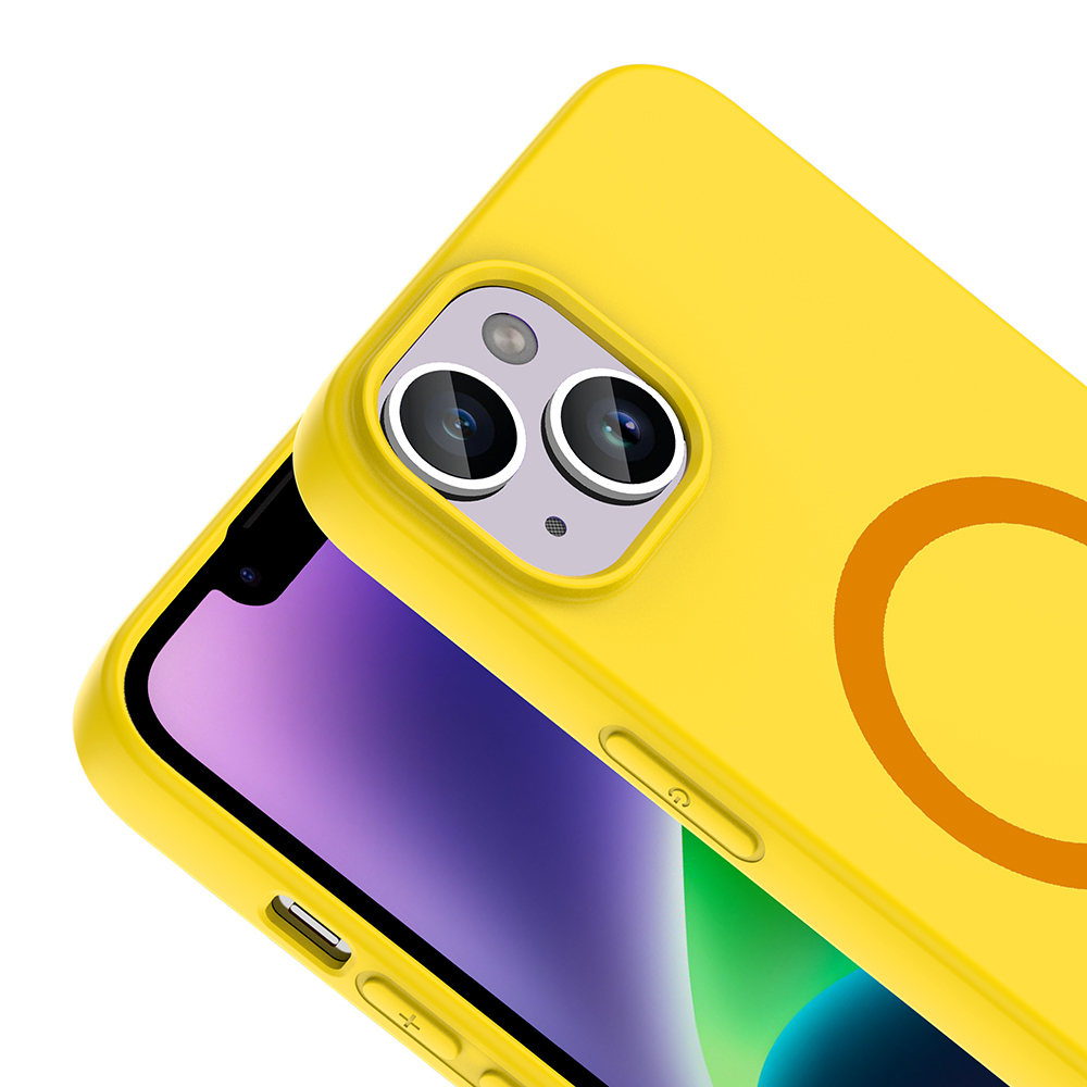 İki kamera lensli ve dairesel desenli sarı telefon kılıfı.