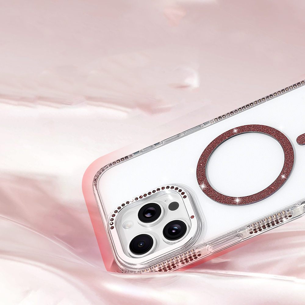 Pembe sim detaylı ve kamera oyuntulu şeffaf telefon kılıfı.